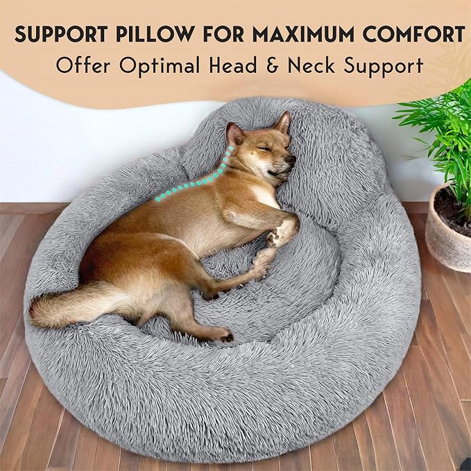 PetJett Calming Dog Bed Medium Size Dog - 30'' Donut Bed, Washable Dog Bed - Anti-Slip Super Soft Fluffy Plush Round Bed, Anti-Anxiety Premium Comfort Pet Bed, Fits Dogs up to 45 lbs - Bright Grey