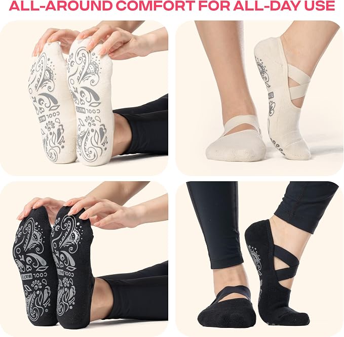COOLMATE Pilates Socks with Grips for Women, Yoga Socks, Crew Non Slip Women for Barre, Pilates Gifts for Women