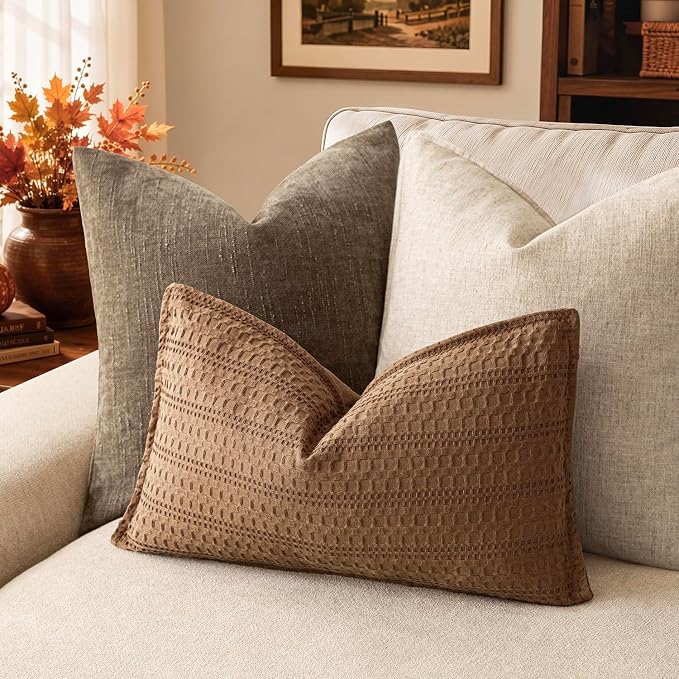 Foindtower Set of 2 Decorative Cotton Waffle Weave Lumbar Throw Pillow Covers Euro Shams Cushion Covers Accent European Pillowcase for Bed Couch Bedroom Living Room Home Decor 12×20 Inch Orange Brown