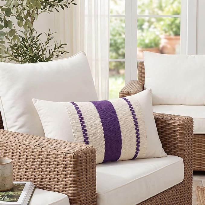 Fancy Homi Set of 2 Boho Purple Lumbar Decorative Throw Pillow Cover 12x20 Inch for Couch Bed Sofa Chair, Modern Organic Farmhouse Home Decor, Soft Cotton Cute Accent Rectangle Cushion Case