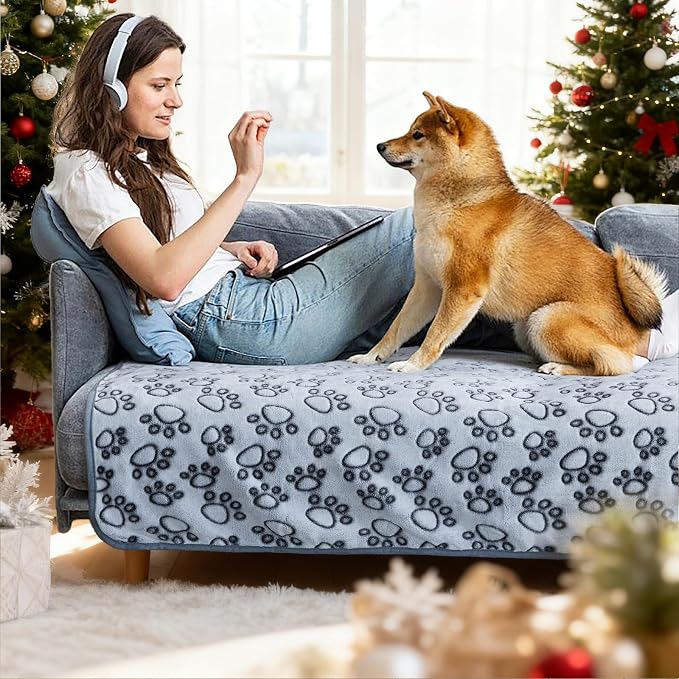 Stuffed Premium Soft Dog Couch Blanket, with Flannel Cute Paw Print, 30 * 70 inches, Cat Blanket Puppy Supplies Dog Products Stuff Essentials, Gray