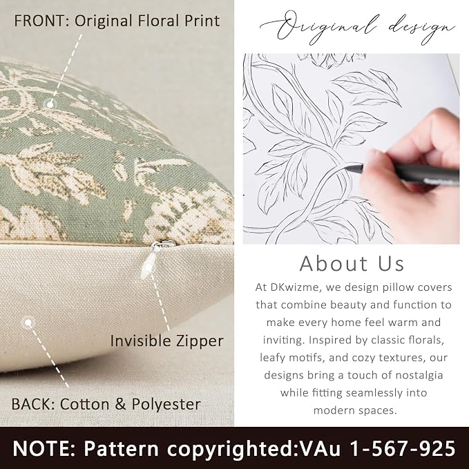 Vintage Floral Print Throw Pillow Covers 22x22 Set of 2 Neutral Modern Farmhouse Pillow Cases Accent Decorative Cushion Covers Boho Home Decor for Couch Sofa Chair Bed Living Room, Sage