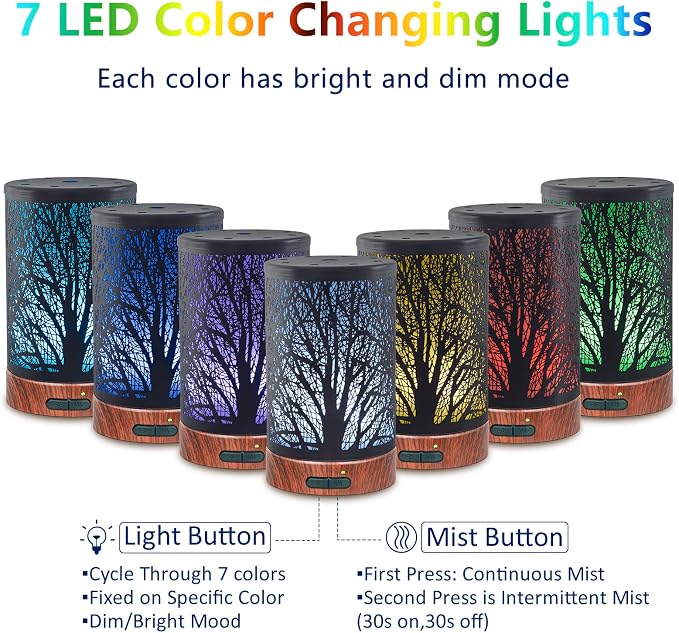 EQUSUPRO Essential Oil Diffuser 150ml Black Metal Aromatherapy Oil Diffuser Ultrasonic Cool Mist Diffuser with Auto Shut-Off Protection,7 Colors Changed LED for Home Office SPA Yoga