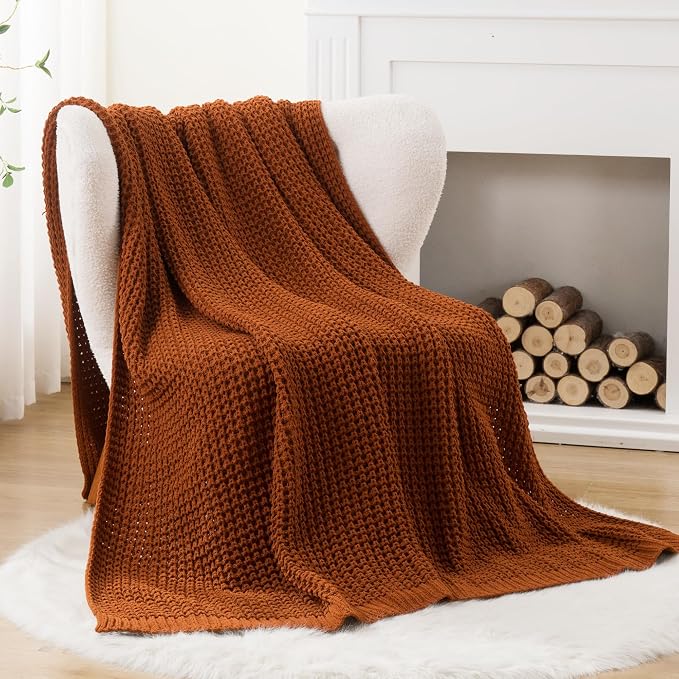 Waffle Knit Blanket Throw, Fall Caramel Throw Blanket for Couch, 50"x60" | Chunky Chenille Throw Blanket, Soft Rust Throw Blanket for Home Decor, Autumn, Sofa, Modern Farmhouse Knitted Style