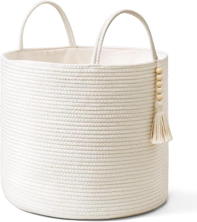 Mkono Woven Storage Basket for Blanket, Toys Plant Organizer, 16"W x 13.8"L | White, Cotton, Decorative Basket with Handle, Wood Beads Tassel, Shoes Towel Clothes Storage Bin, Living Room Bedroom Nursery