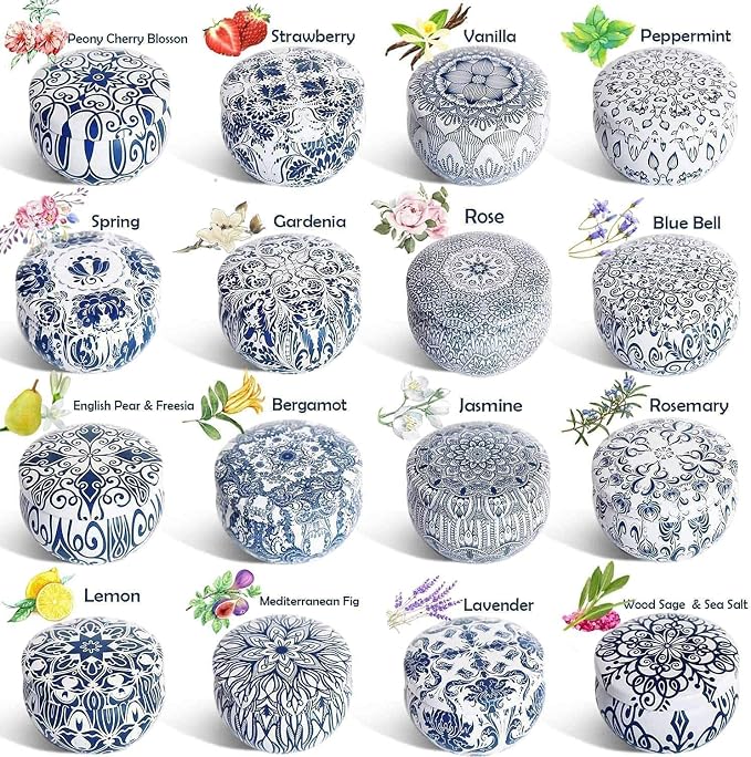 Set of 16 Small Scented Candles Gifts,Blue and White Aroma Naturals Candles,2.5 OZ Soy Wax Travel Tin Jar Candles,Appropriate Gifts for Mom,Christmas, Birthday, Thanksgiving,Christmas Celebrations.
