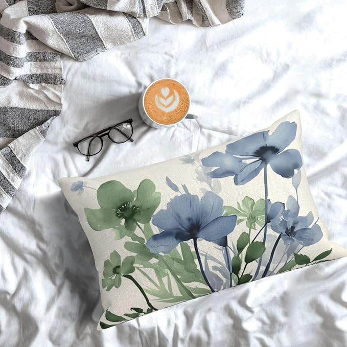 Spring Floral Pillow Covers 12x20 Inch Set of 2 Green Blue Floral Throw Pillow Covers Outdoor Rustic Summer Flower Decoration Pillowcase Farmhouse Decorative Lumbar Cushion Cover For Couch Sofa