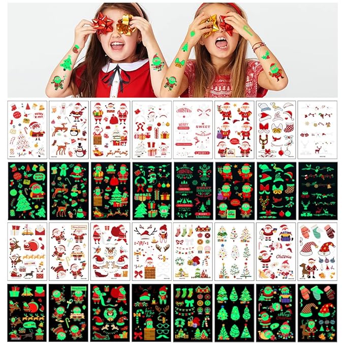 luminous Christmas Temporary Tattoos for Kids - 240 Pieces Bulk Christmas Tattoos for Boys and Girls,Xmas Holiday Stickers Christmas Party Favor for Kids Stocking Stuffers and Gifts 16 Sheets