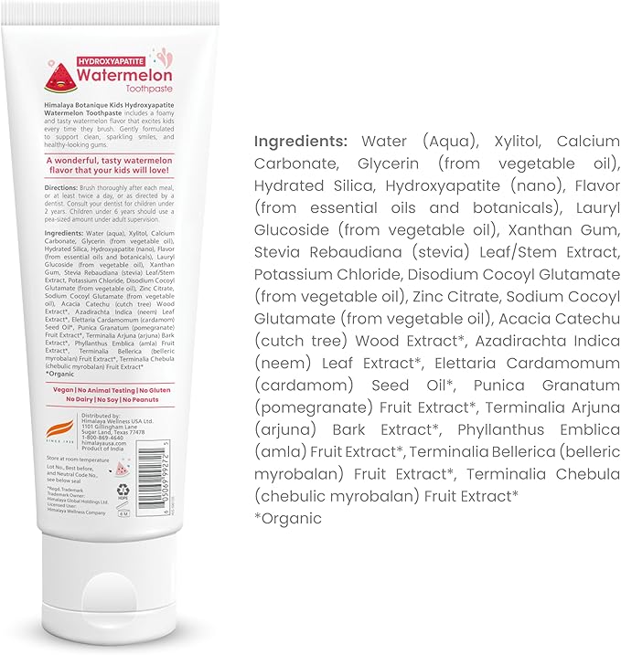 Himalaya Botanique Kids Hydroxyapatite Toothpaste, Watermelon Flavor - Nano Hydroxyapatite to Support Remineralization and Restore Enamel, Fluoride-Free, Vegan, Gluten Free, 4 oz