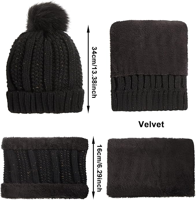 SATINIOR 5 Pcs Winter Hat Scarf Gloves Set Fleece Lined Knit Beanie Hat Warm Touch Screen Gloves Earmuff Warmer for Women(Black,Classic Style)
