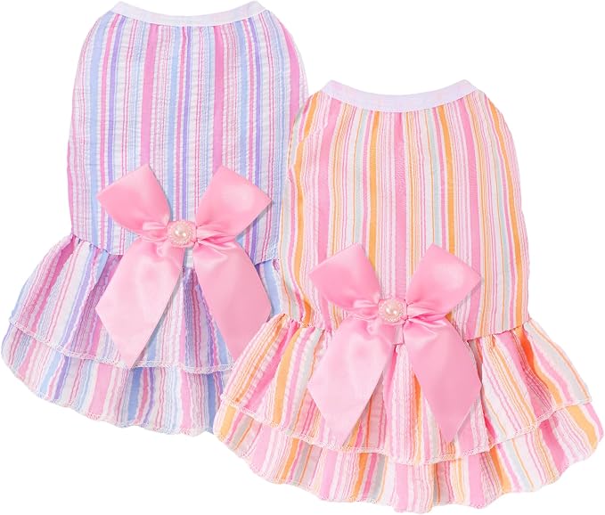 Dog Clothes Girl, 2 Pack Cute Pink & Purple Dog Dress, Dog Dresses for Small Dogs Girl, Breathable & Lightweight Puppy Clothes for Summer Birthday Party, Large