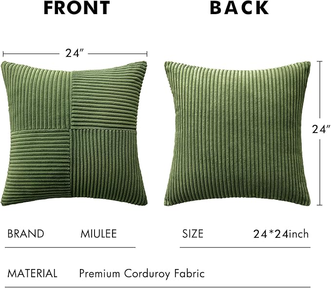 MIULEE Moss Green Decorative Euro Sham Pillow Covers 24x24 Inch 2 Pack | Boho Farmhouse Pillow Covers, Soft Cross Corduroy Patchwork Textured Cushion Cases For Couch Bed Sofa