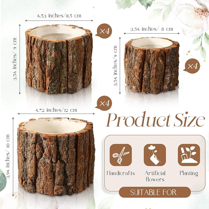12 Pcs Wooden Vase for Centerpieces Wedding Flower Table Centerpieces Woodland Party Decor Rustic Farmhouse Bark Stump Buckets Vintage Planter Pots for Garden Baby Shower Window Home (L+m+s)