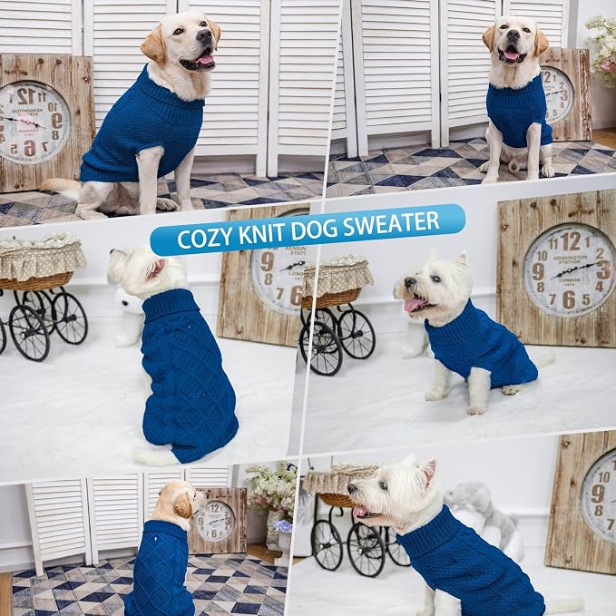Mihachi Turtleneck Dog Sweater - Winter Coat Apparel Classic Cable Knit Clothes with Leash Hole for Cold Weather, Ideal Gift for Pet in New Year Royal Blue Small