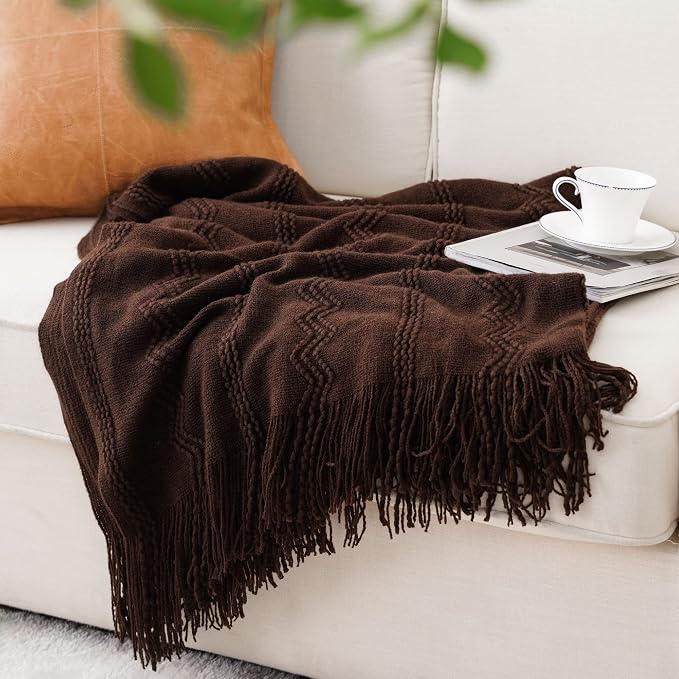 BATTILO HOME Brown Throw Blanket for Couch, 50"x60" | Chocolate Knit Throw Blanket for Home Decor, Textured Boho Throw Blanket for Sofa, Chair, Bed