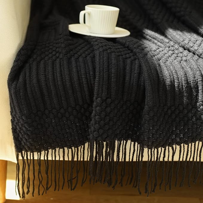 Blagic Soft Knitted Throw Blanket for Couch and Bed,Black,60"x80" | Lightweight and Cozy,Farmhouse Boho Blanket with Tassel,Decorative for Living Room,Gifts for Adults,All Season Use
