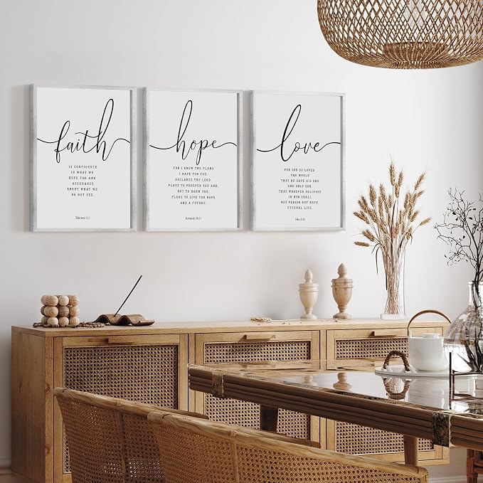 Houmury Set of 3 Framed Farmhouse Bible Verses Wall Decor Sign 11”x14” Christian Faith Scripture Wall Art for Home Bedroom Wall Decor (11"x14" Grey)