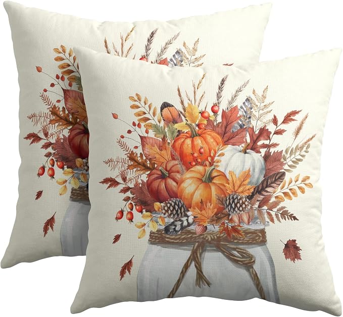 Kawani Fall Floral Throw Pillow Covers 22x22 Inch Rustic Pumpkin Leaves Jar Autumn Square Cotton Linen Cushion Cases with Hidden Zipper for Couch Sofa Bed Porch Farmhouse Home Decor