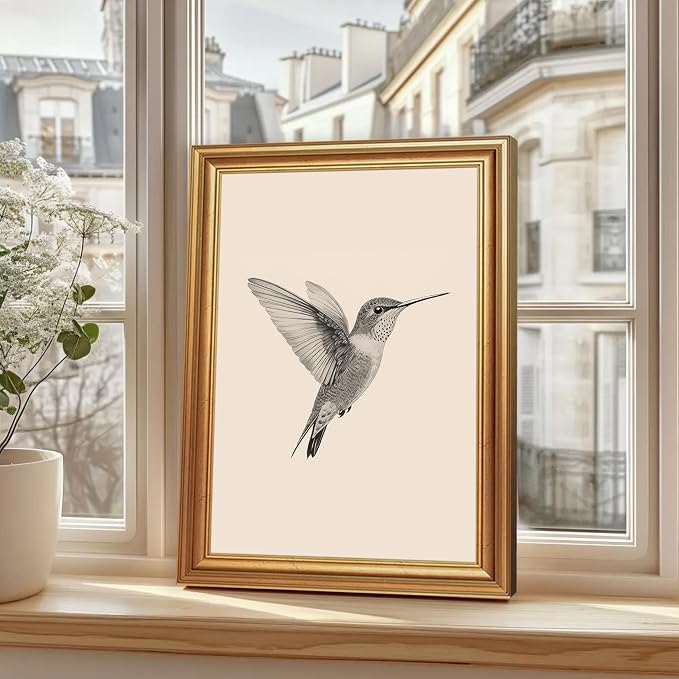 JLTULT Vintage Hummingbird Wall Art, Gold-Tone Framed Canvas, 12 x 16 In | Black-and-white hummingbird art on fade-resistant canvas with a ready-to-hang gold-tone PS frame for bedrooms and offices