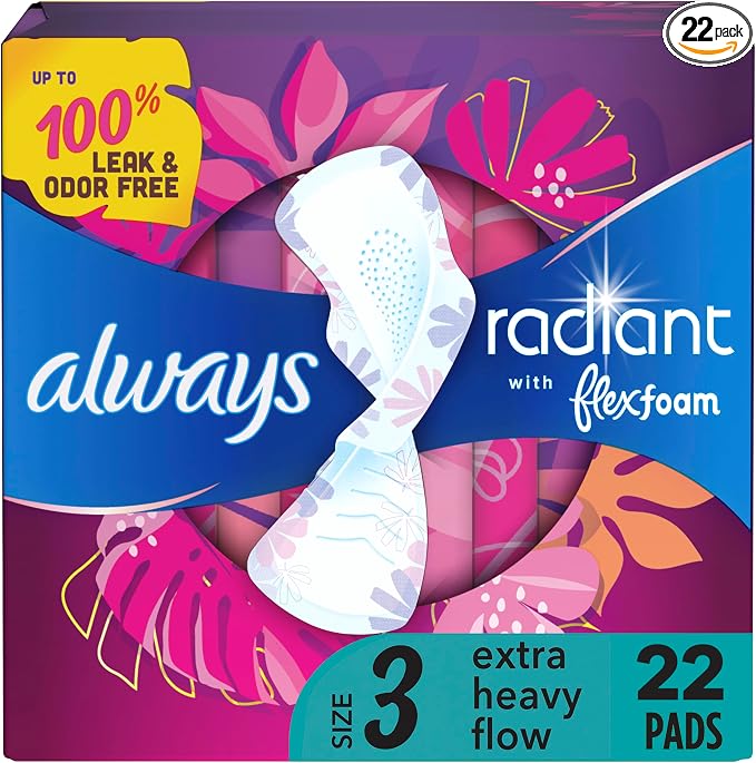 Always Radiant Feminine Pads For Women, Size 3 Extra Heavy Flow Absorbency, With Flexfoam, With Wings, Scented, 22 Count