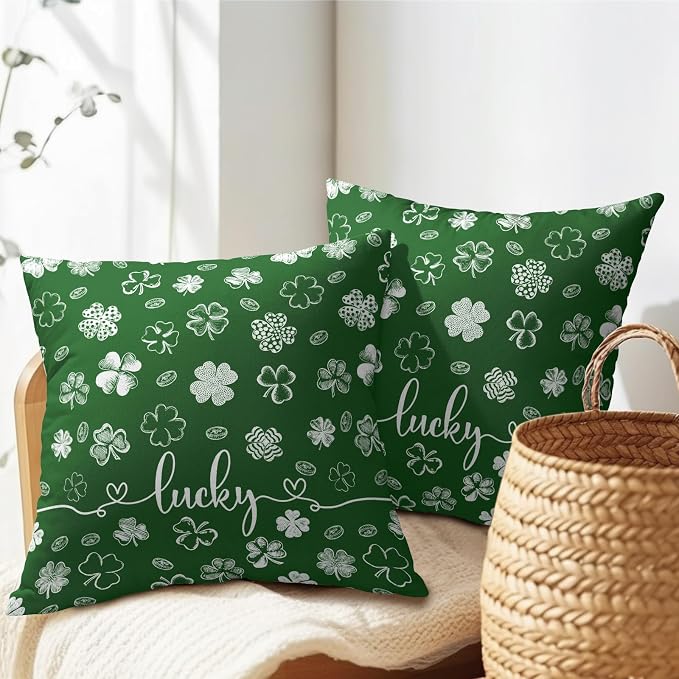 Kawani St Patricks Day Pillow Covers 16x16 Inch Set of 2 Outdoor Spring Green Lucky Shamrock Clovers Pillowcase Cotton Linen Square Cushion Case for Living Room Couch Sofa Bed Decor