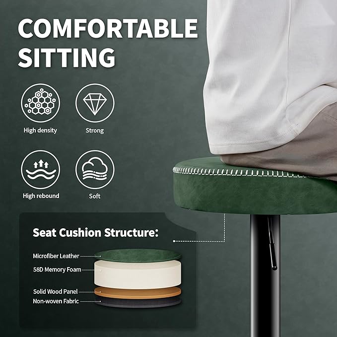 Bar Stools Set of 2 Microfiber Leather Counter Height Bar Stools with Round Seat Adjustable Swivel Backless Barstools Modern Tall Bar Chairs for Kitchen Island Green(24-33 Inch,330lbs)