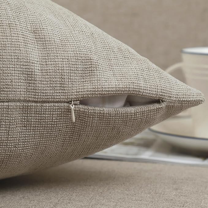 Pack of 2 Decorative Chenille Throw Pillow Covers, 22x22, Tan | Square Soft Cozy Concise Pillow Covers Modern Farmhouse Couch Cushion Cases for Sofa Bed Living Room Home Decor