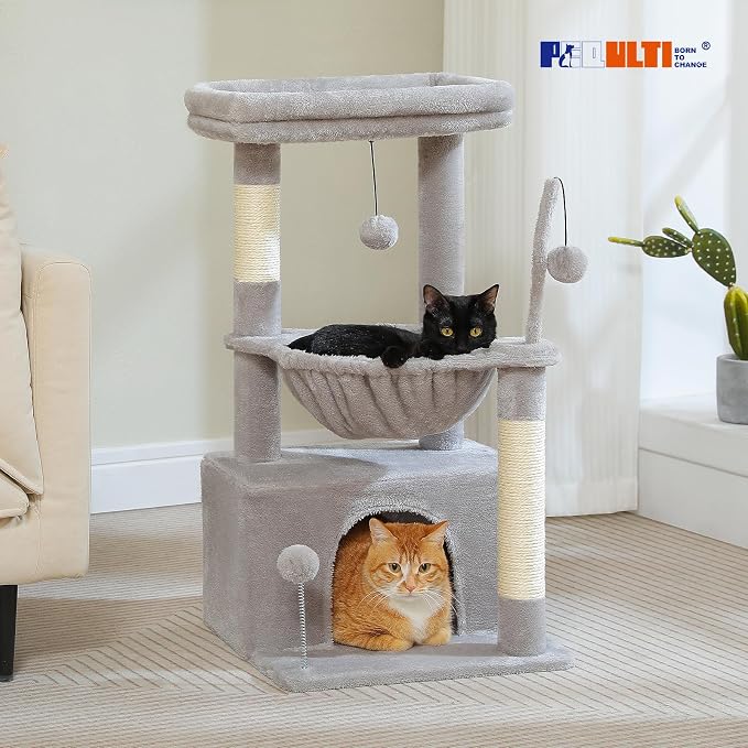 PEQULTI 4-in-1 Cat Activity Tree for Kittens & Small Cats, 33in Grey Tower | Compact 33in cat tower: deep hammock, cozy condo, top perch, sisal post; removable washable cover; wide base for small cats