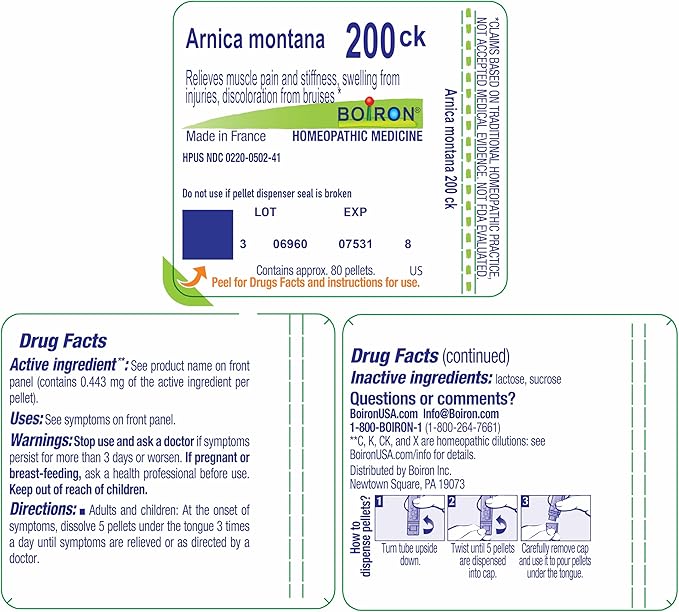 Boiron Arnica Montana 200Ck for Muscle Pain, Stiffness, Swelling from Injuries & Bruises - 80 Pellets