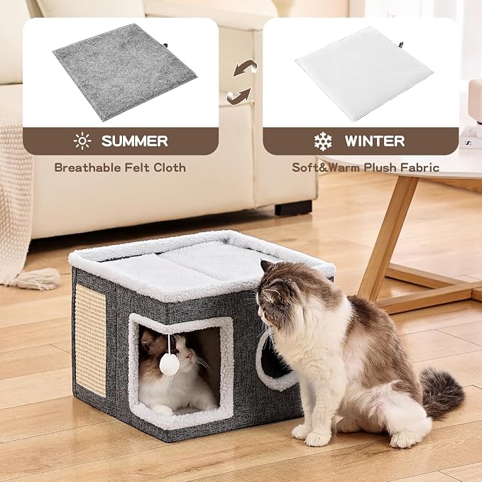 Large Cat Houses for Indoor Cats with Fluffy Ball and Scratch Pad | Foldable Cat Bed Cave for Multiple Pets, Kitten Bed for All Seasons, Non-slip, Hold Up to 30LBS, 16x16x13inch, Grey