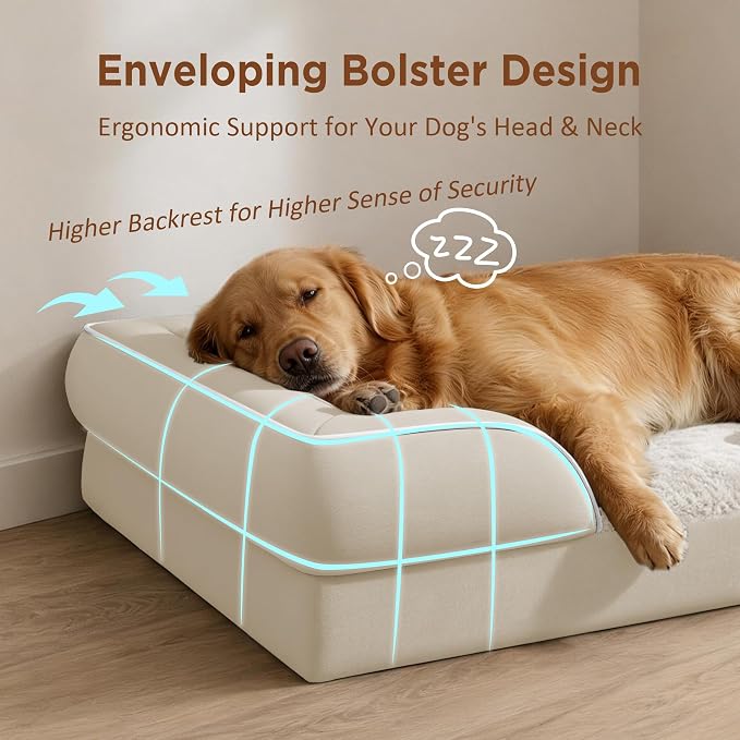 Comfort Expression Waterproof Orthopedic Dog Beds for Extra Large Dog | Supportive Egg Crate Foam Big Dog Bed with Removable Bolster, Dog Couch with Washable Cover & Non-Slip Bottom, 53x42Inch