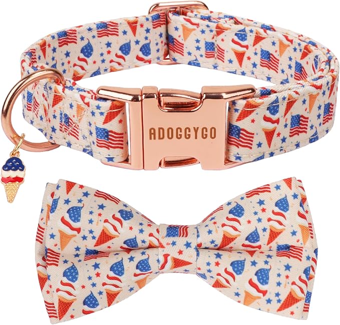 ADOGGYGO Patriotic Dog Collar with Bow Tie, Detachable Ice Cream Print Bowtie, Adjustable 4th of July Collar for Large Dogs (L)