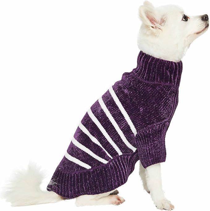 Blueberry Pet Cozy Soft Chenille Classy Striped Dog Sweater in Dark Plum, Back Length 14", Pack of 1 Clothes for Dogs