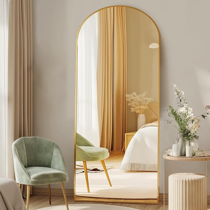 DUMOS 63"x20" Arched Full Length Floor Mirror, Full Body Mirror with Stand | Shatterproof Tempered Glass, Modern Aluminum Alloy Frame, Free Standing or Leaning for Home Decor, Gold