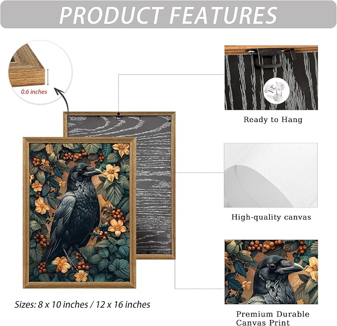 ICHZUMW Framed William Morris Raven Dark Academia Canvas Wall Art 8x10 In | Gothic Dark Cottagecore Crow Painting, Moody Floral Wall Decor for Bedroom Living Room Bathroom Office, Ready to Hang