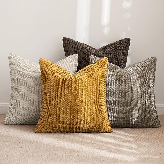 MIULEE Decorative Chenille Fall Pillow Covers Gold Brown 18x18 Pack of 4 | Rustic Home Decor, Earth Tones Set, Couch Throw Pillows, Farmhouse Boho Cushion Covers for Sofa Bed Living Room