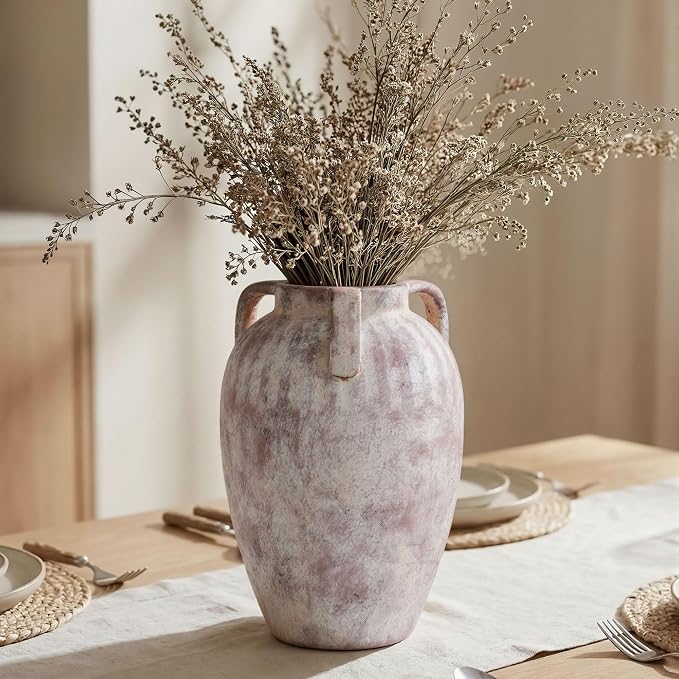 Ceramic Flower Vase with Handles, 8.86 inch Tall Ceramic Vase Home Decor Vintage Terracotta Rustic Unique Vase for Bouquet Pottery Barn Decor Large Vases Living Room Bathroom Modern Farmhouse