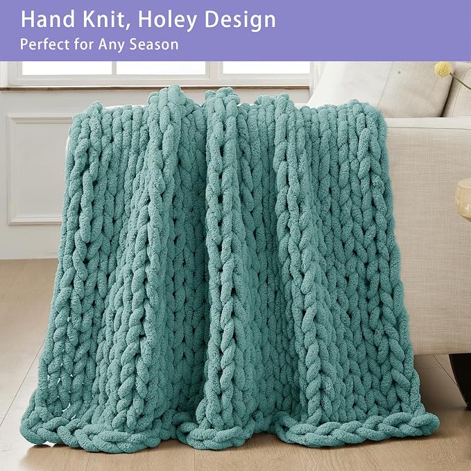 Bigacogo Chunky Knit Throw Blanket for Couch, 40x80 inches, Light Teal | Hand Knit with Jumbo Chenille, Soft Breathable Cable Knit for Sofa Bed Living Room, Machine Washable, Gift for Mom Friend