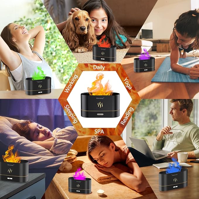 Flame Essential Oil Diffuser, Upgrade 7 Colour Lights Aromatherapy Diffuser, Super Quiet Air Humidifier, Electric Aroma Diffuser, Waterless Auto-Off for Home Office Room - Black