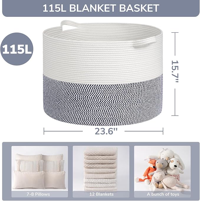 INDRESSME 115L Extra Large Woven Rope Blanket Basket Living Room, Navy | 23.6" x 15.7" Storage baskets for toys laundry & pillows. For living room, bedroom nursery decor. soft-touch, family-sized