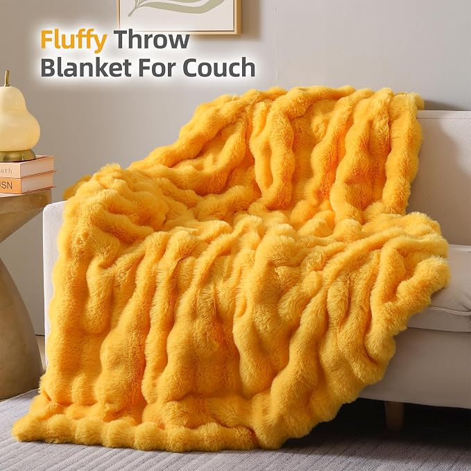 Faux Fur Throw for Couch - Mustard Yellow Bubble Blanket 50"x60" | Fluffy Plush Fuzzy Throw for Sofa & Bed, Super Soft Cozy Comfrt Blanket, Luxury Aesthetic Yellow Decor Gift for Women