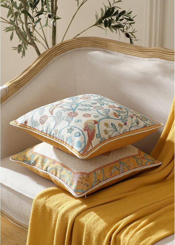 patdrea French Vintage Linen Throw Pillow Cover,18"x18"-Magnolia A | Decorative Pillow Case with Zipper,Yellow Floral Pattern,Cushion Coverfor Couch Living Room Bedroom Sofa