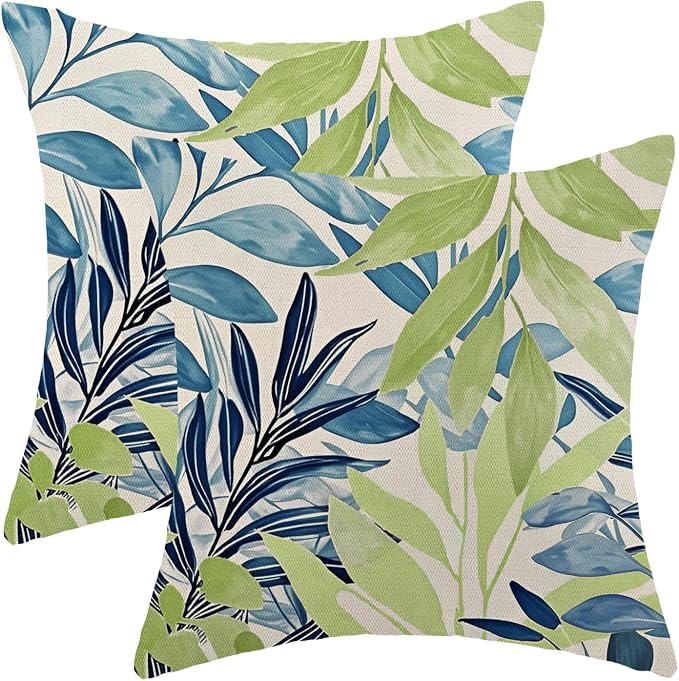 Summer Pillow Covers 18x18 Inches Set of 2 Sage Green Blue Leaves Throw Pillow Covers Outdoor Modern Spring Summer Leaf Decoration Pillowcase Farmhouse Decorative Cushion Cover for Sofa Couch