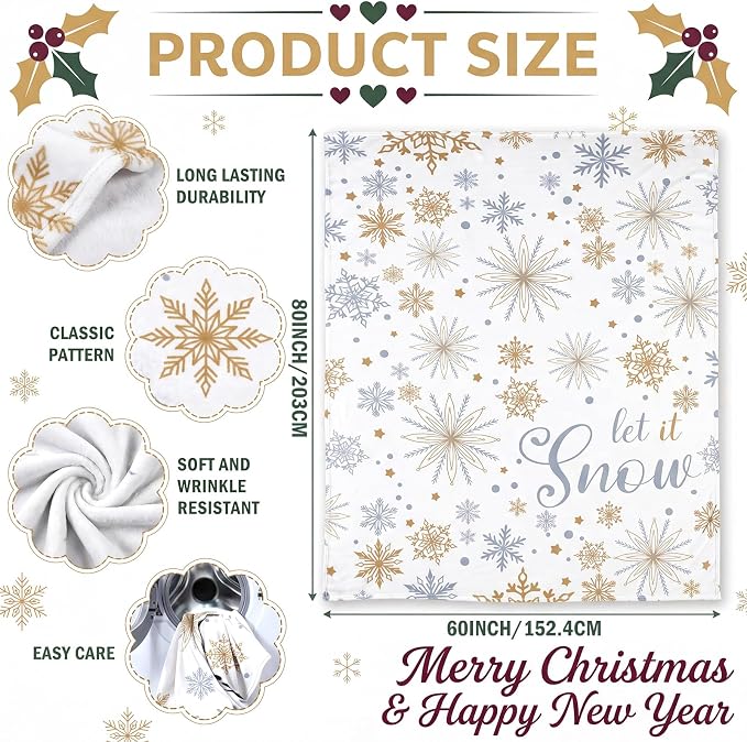 60 x 80 Inch Christmas Let It Snow Plush Throw Blanket Winter | Soft Flannel with Snowflake Let It Snow Design, Cozy Fleece for Sofa Bed Couch, Holiday Winter Home Decor Gift Idea