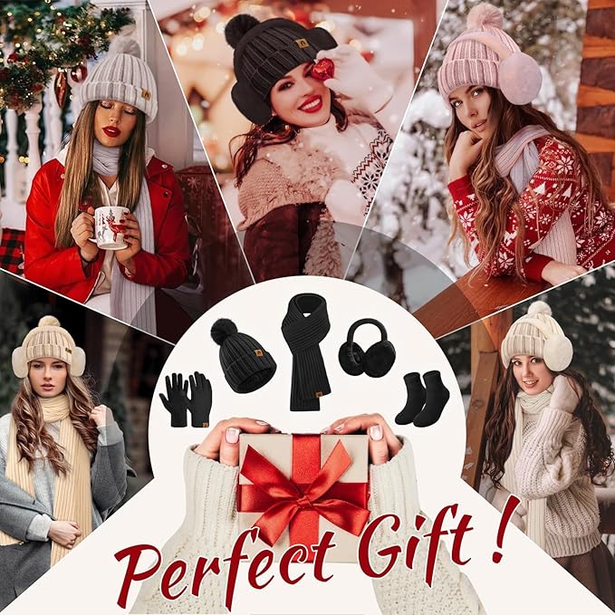 Yusongirl Winter Women Scarf Gloves Beanie Ear Muffs Socks Set Cold Weather Warm Knit Hat Fleece Long Neck Warmer 5 in 1 Set