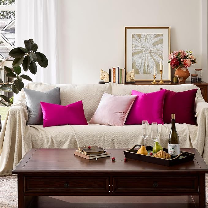 GIGIZAZA Hot Pink Velvet Pillow Covers 12x20 Decorative Pillows Pack of 2 | Lumbar Throw Pillows for Couch Sofa,280gsm Soft Textured Fabric,Modern Pillowcases,Luxury Cushion Covers