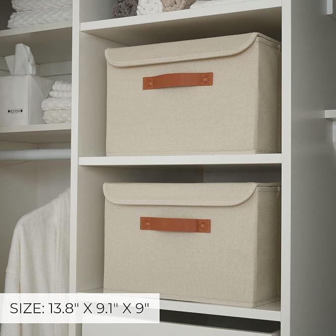 Decorative Linen Storage Boxes with Lids - Large Set of 2 Organizer Bins | The Perfect Container for Home Decor - Safely Store Photos, Documents and Memory Box Keepsakes in Style