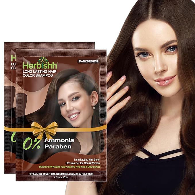 Herbishh Dark Brown Shampoo for Gray Hair, Hair Dye Shampoo 3 in 1, 100% Grey Coverage, Instant Permanent Shampoo for Men & Women, Long-lasting & Travel-friendly, Ammonia-free, 30 ml (Pack of 2)