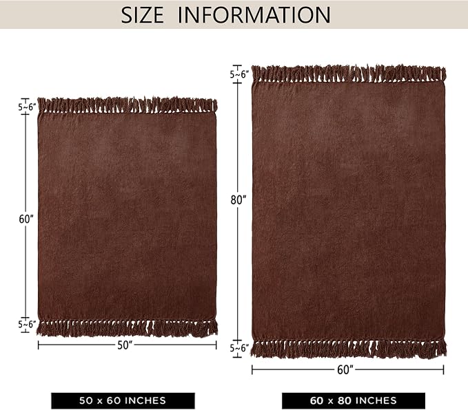 Chenille Throw Blanket for Couch 60" x 80" Twin, Dark Brown | Soft Cozy Warm Throws with Fringe Tassel Living Room Bed Sofa Chair Cover, Lightweight Knitted Boho Blankets Fall Decor