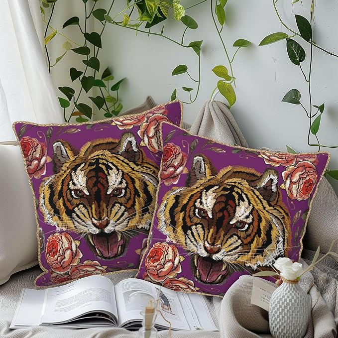 Tiger Flower Purple Velvet Pillow Covers 20x20 Inch Pink Floral Animal Throw Pillows for Couch Cushion Covers Pillowcase Farmhouse Modern Pillow Cases for Sofa Bed Living Room Bedroom